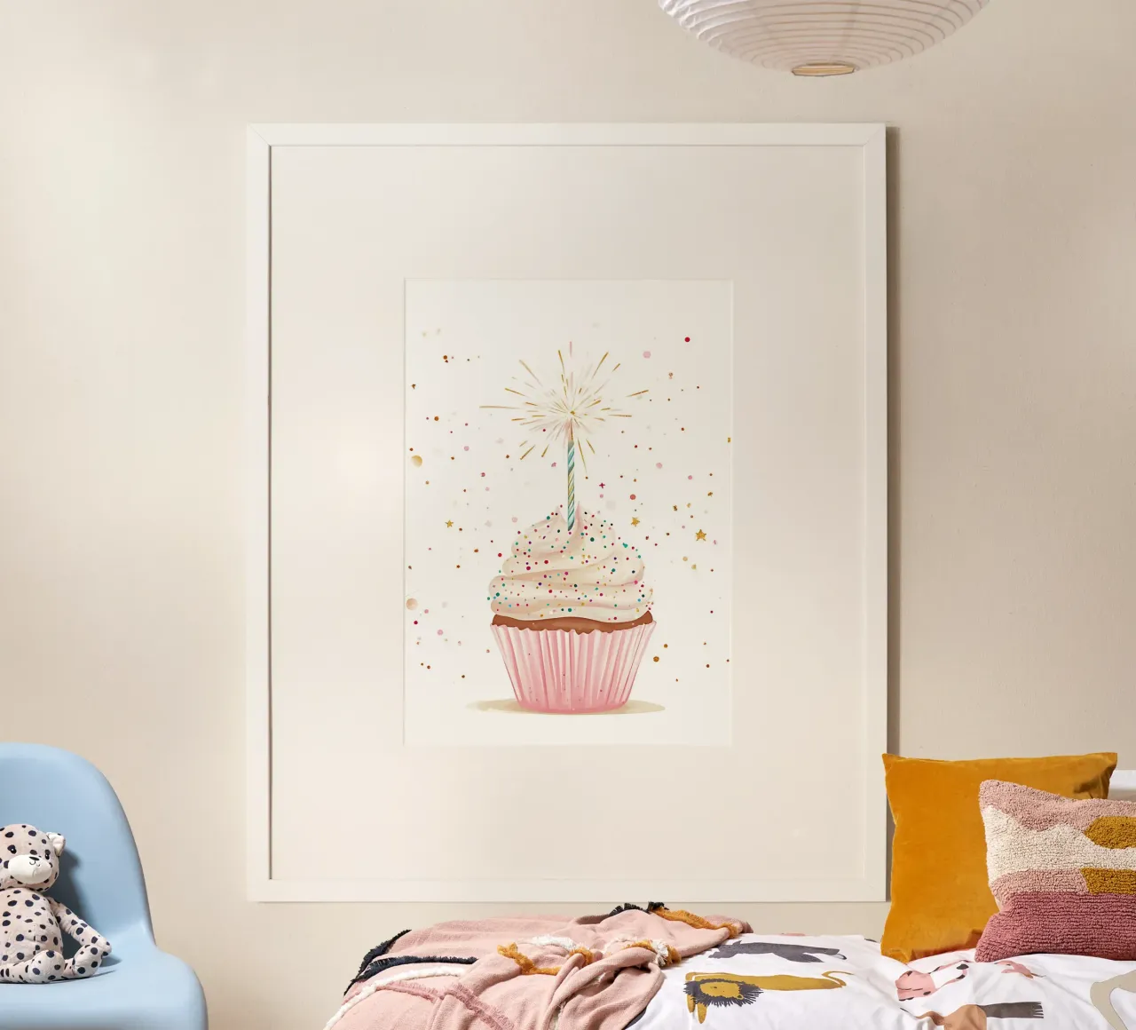 Cupcake d'anniversaire avec une bougie d'allumage Digital Art Print poster avec cadre en aluminium de vintagepod