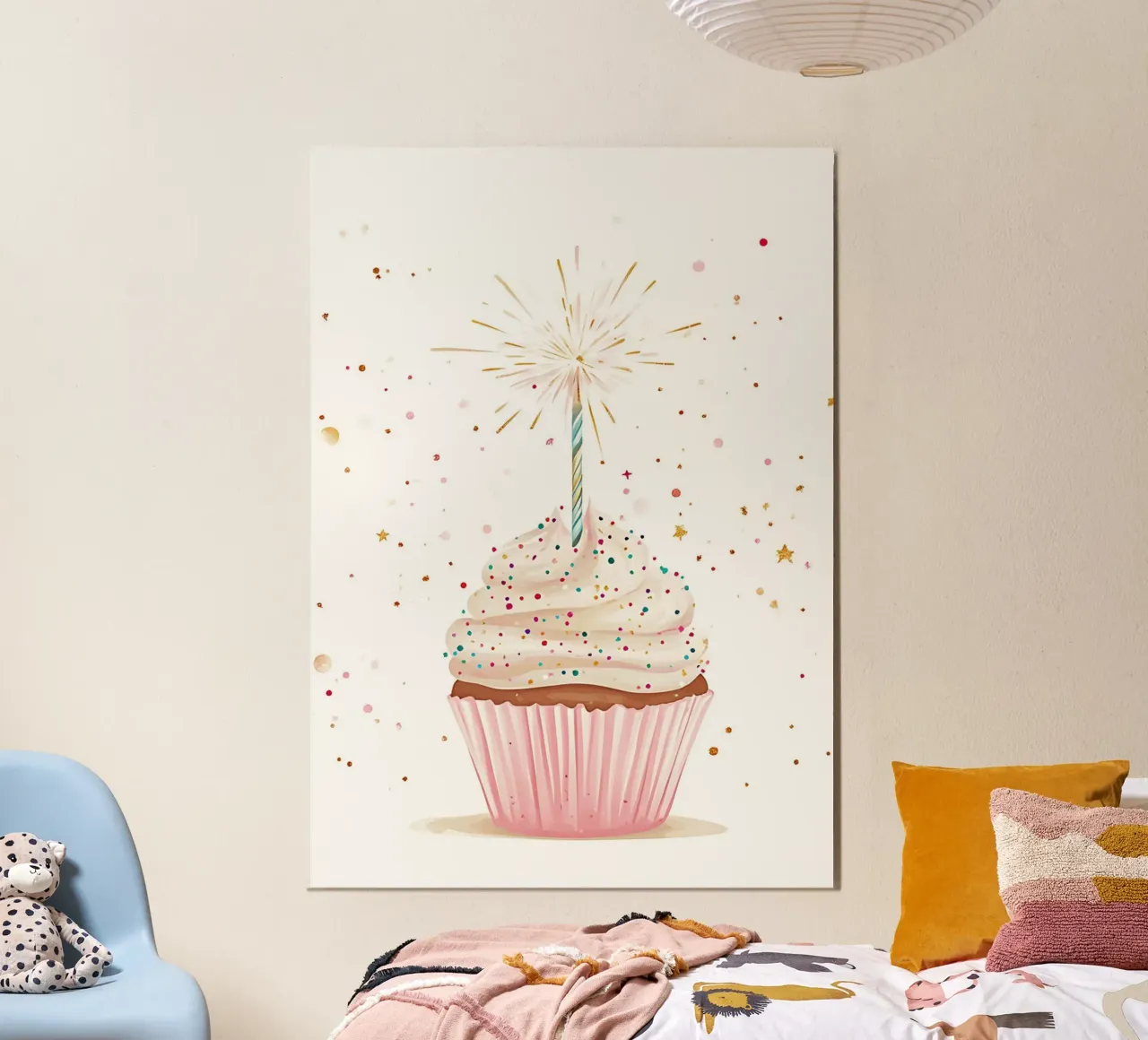 Cupcake d'anniversaire avec une bougie d'allumage Digital Art Print poster avec cadre en aluminium de vintagepod