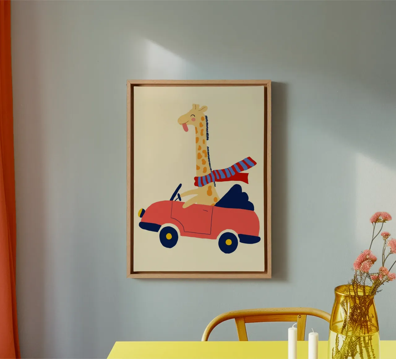Happy Giraffe in a Red Convertible Art Print canvas with Floater frame by vintagepod