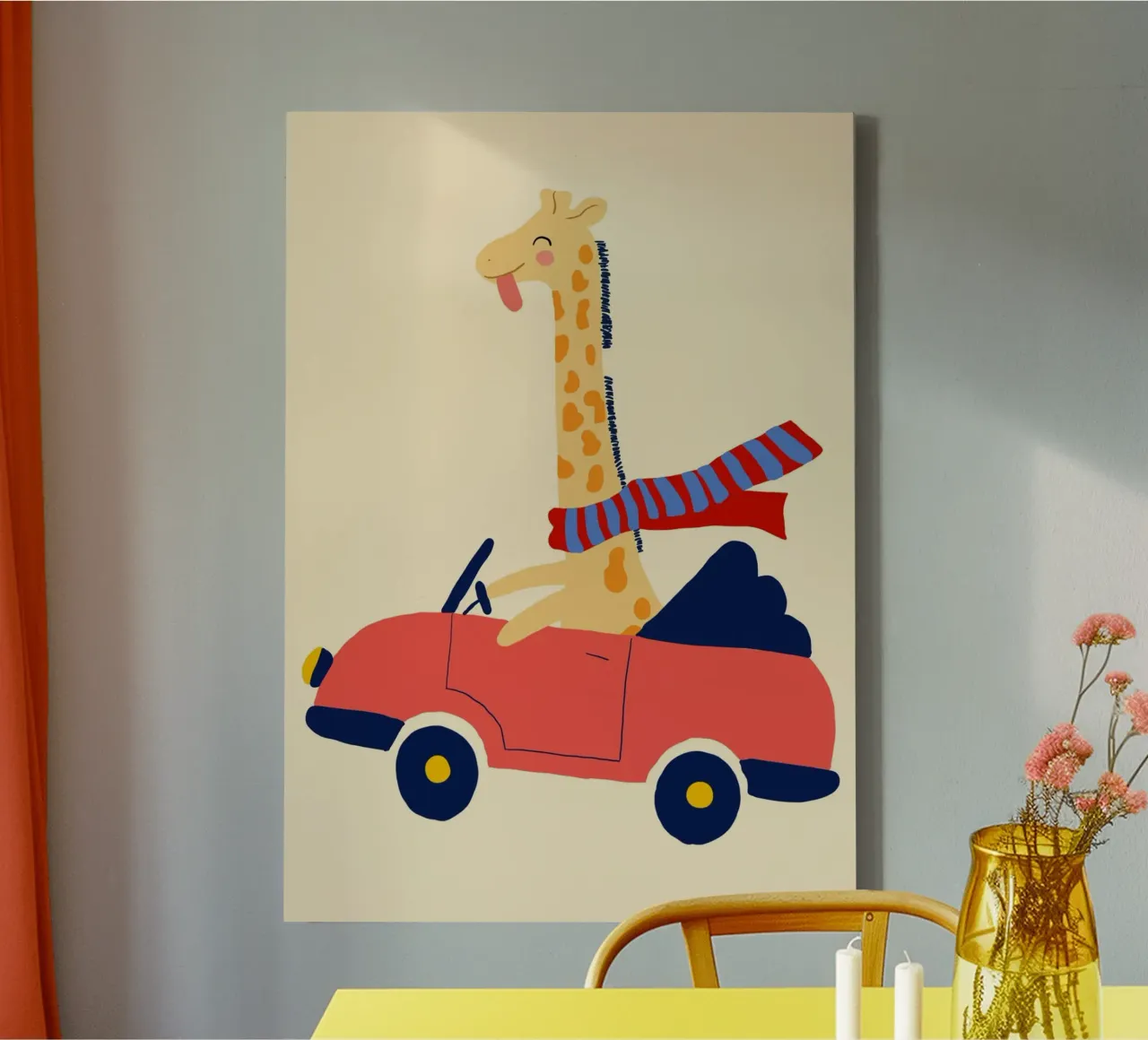 Happy Giraffe in a Red Convertible Art Print canvas with Floater frame by vintagepod