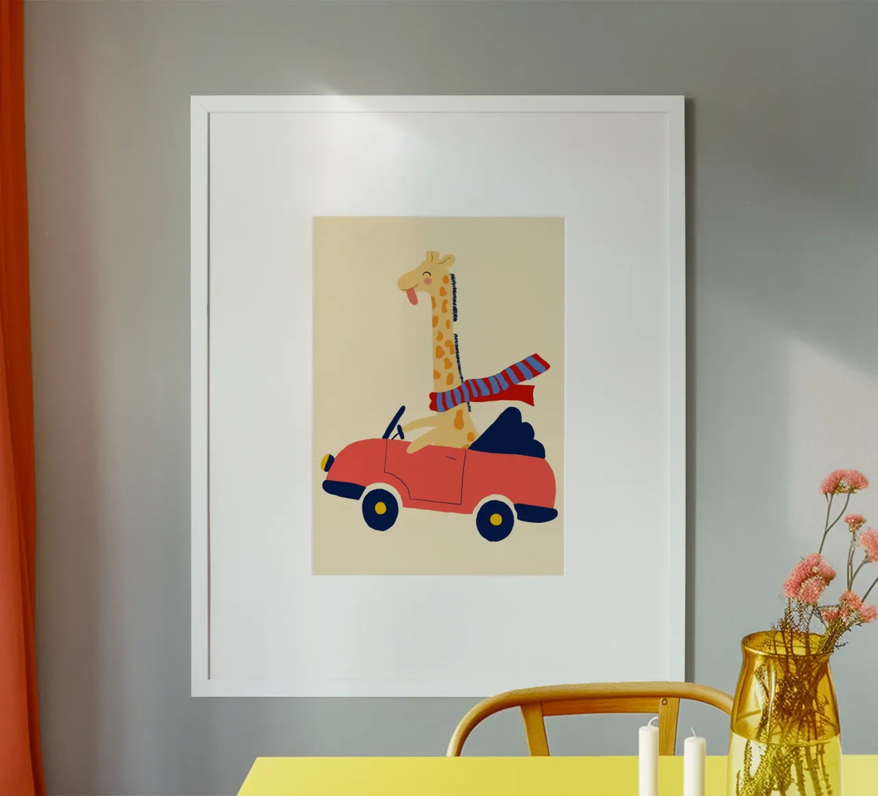 Happy Giraffe in a Red Convertible Art Print poster by vintagepod