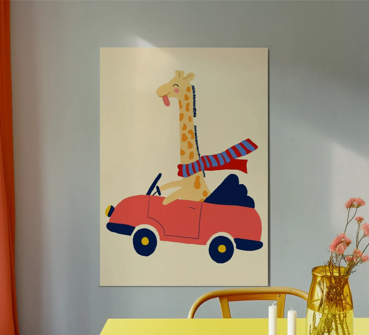 Happy Giraffe in a Red Convertible Art Print poster by vintagepod