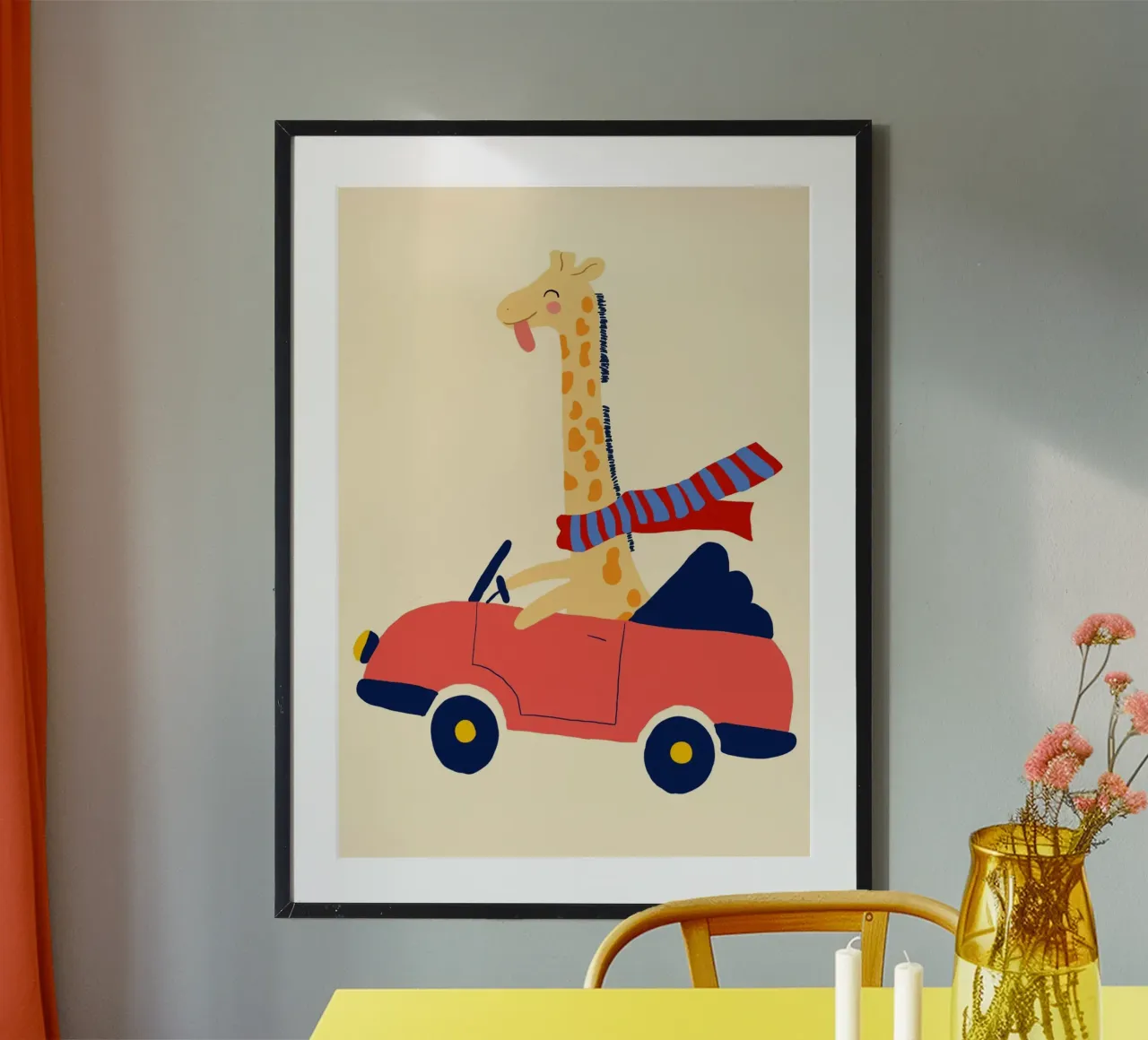 Happy Giraffe in a Red Convertible Art Print poster by vintagepod