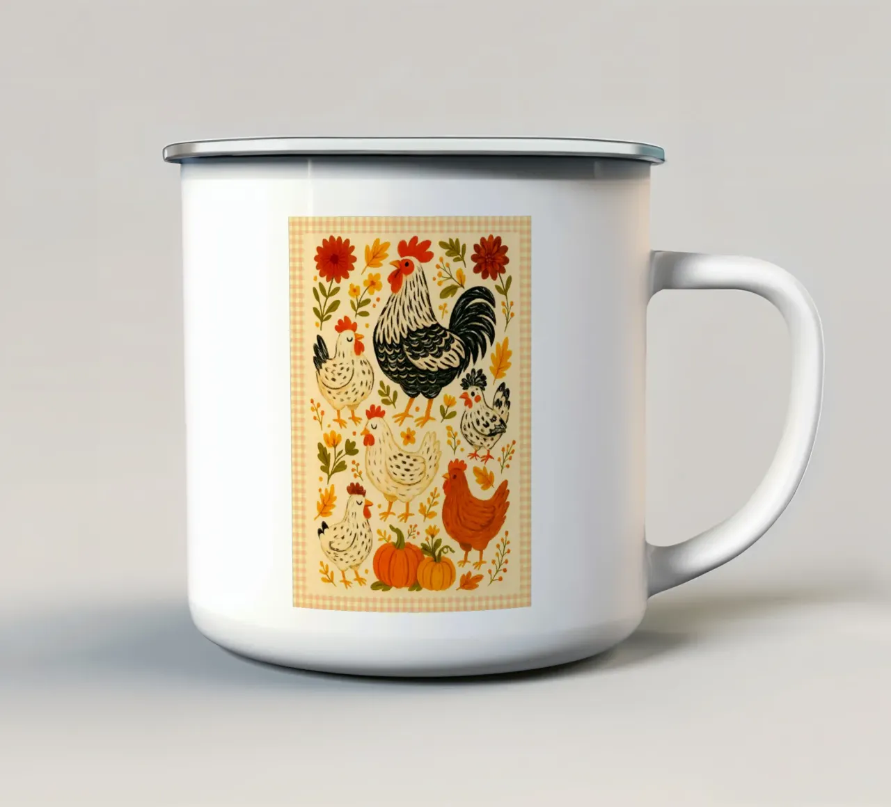 Sfilata di polli d'autunno tazza in smalto da Taika Tori Art