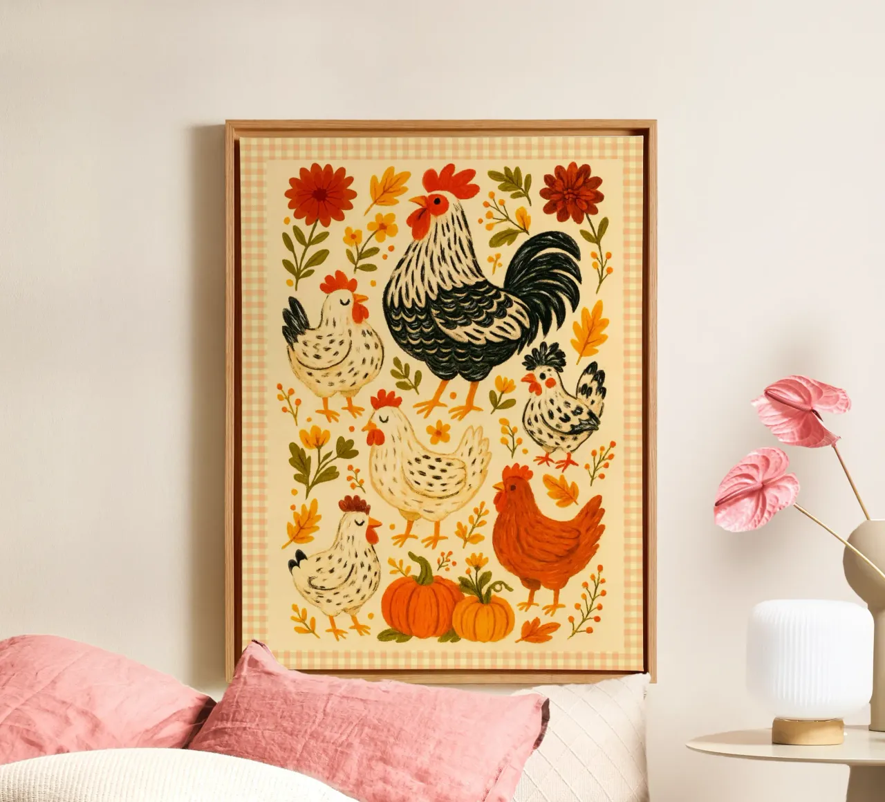 Autumn Chicken Parade canvas with Floater frame by Taika Tori Art