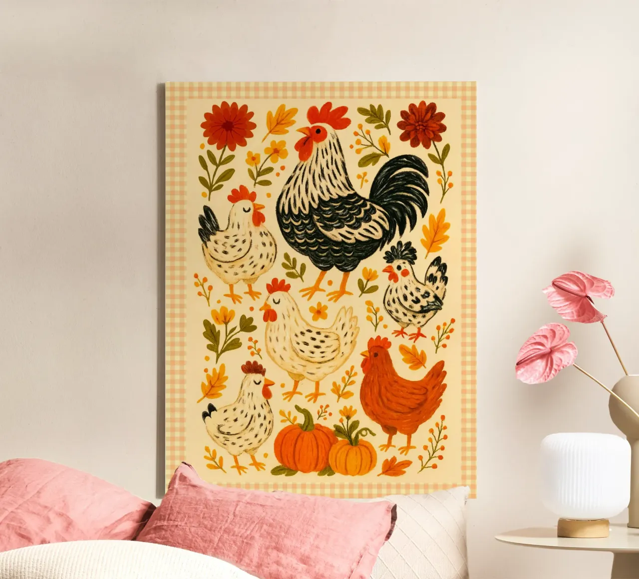 Autumn Chicken Parade canvas with Floater frame by Taika Tori Art