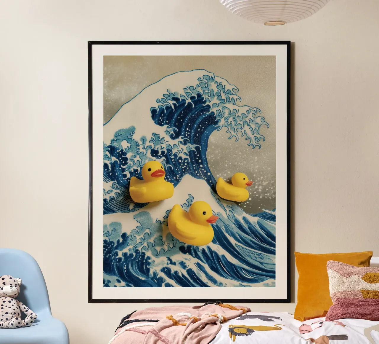 La grande onda di Duck-Gawa | Hokusai incontra l'anatra da bagno poster con telaio in legno da Autofocus
