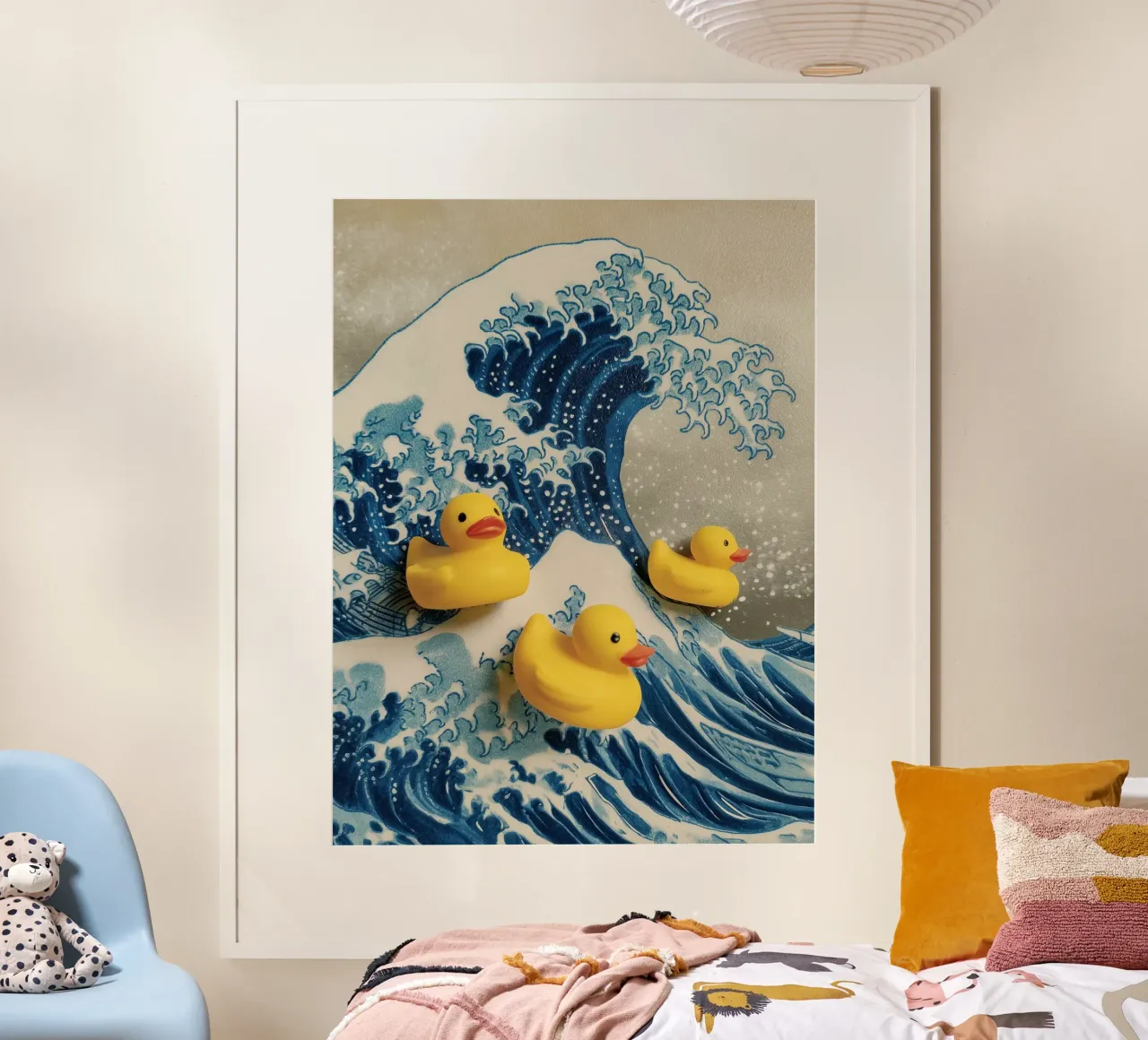 La grande onda di Duck-Gawa | Hokusai incontra l'anatra da bagno poster con telaio in legno da Autofocus