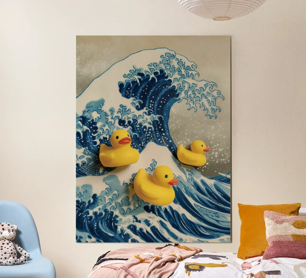 La grande onda di Duck-Gawa | Hokusai incontra l'anatra da bagno poster con telaio in legno da Autofocus