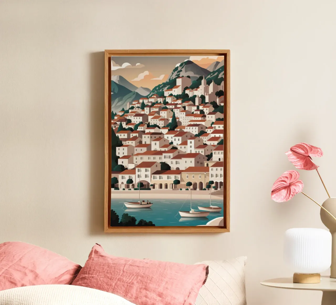Hydra Harbor Approach canvas with Floater frame by Echo Saber