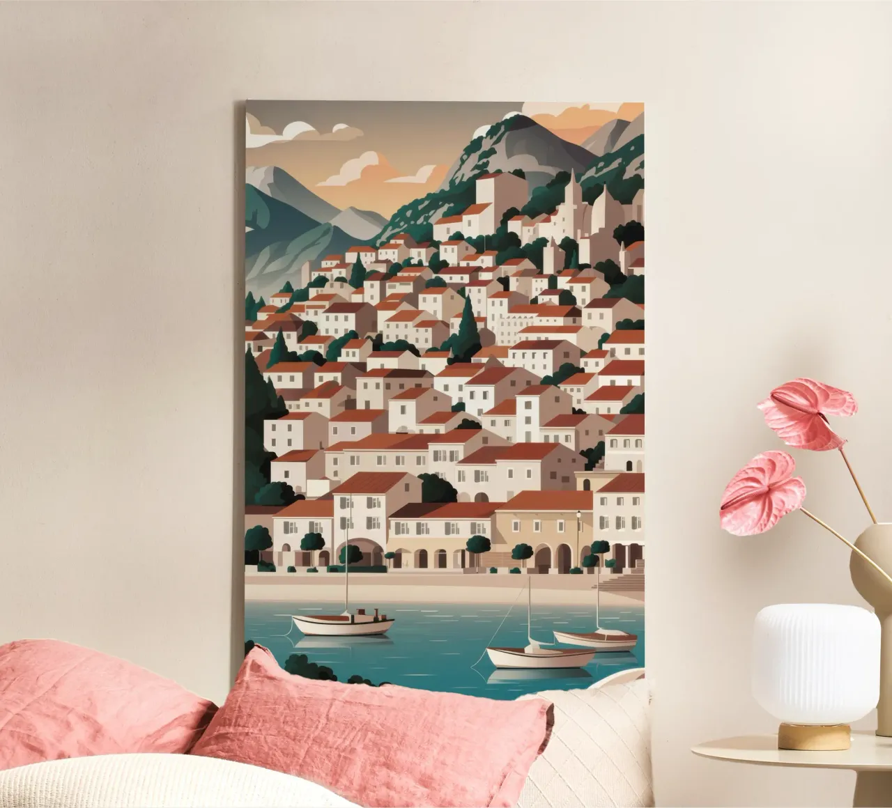 Hydra Harbor Approach canvas with Floater frame by Echo Saber