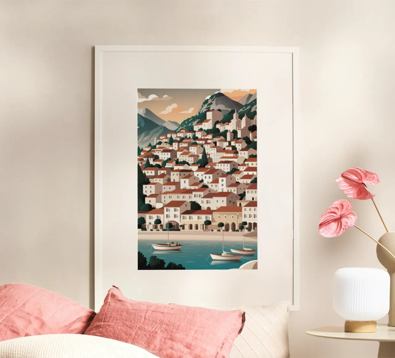 Approccio al porto di Hydra poster con telaio in alluminio da Echo Saber