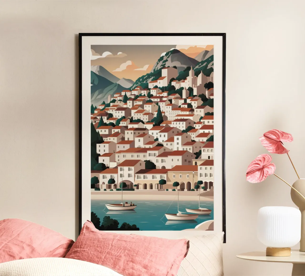 Approccio al porto di Hydra poster con telaio in alluminio da Echo Saber