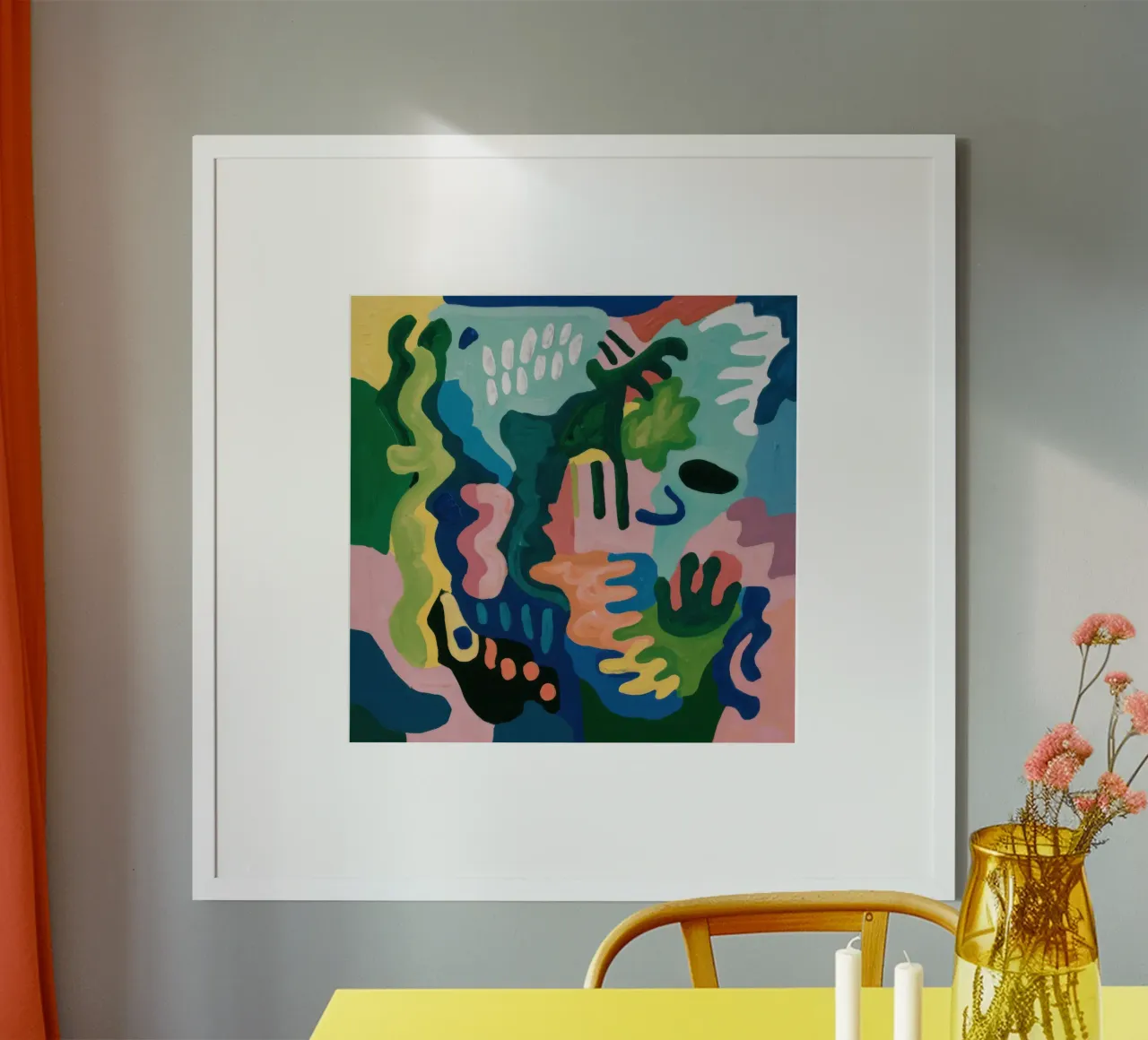 Speelse abstracte krabbel poster met houten frame van Heaven Craft