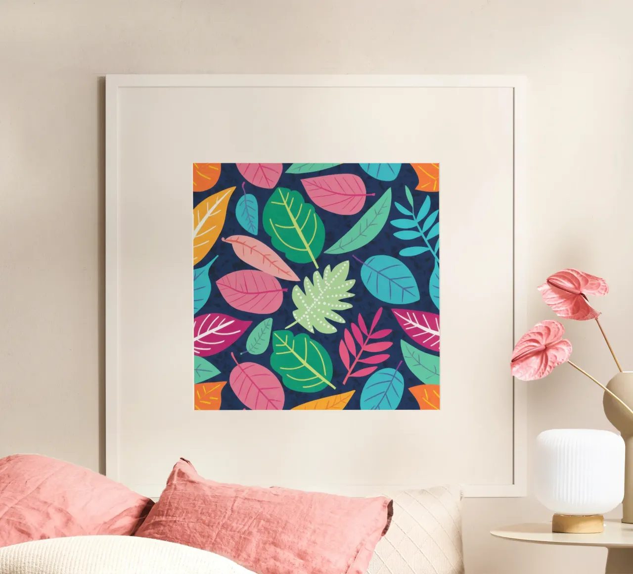 Medley botanico di mezzanotte poster con telaio in legno da Wish Studio