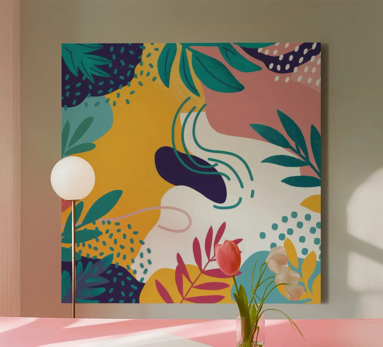 Levendig abstract gebladerte canvas met Baklijst van Orchid Patina