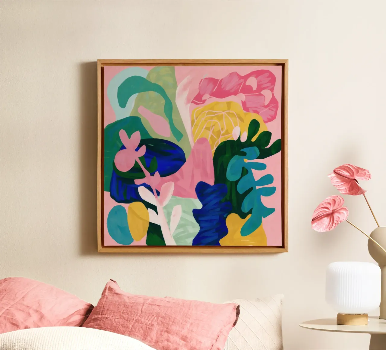 Vreugdevolle abstracte tuin canvas met Baklijst van Wish Studio