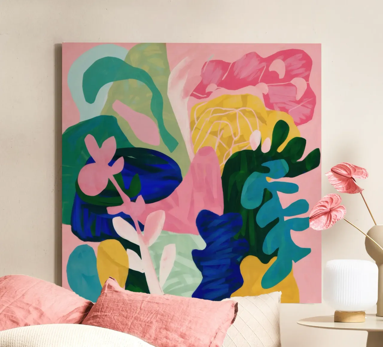 Vreugdevolle abstracte tuin canvas met Baklijst van Wish Studio