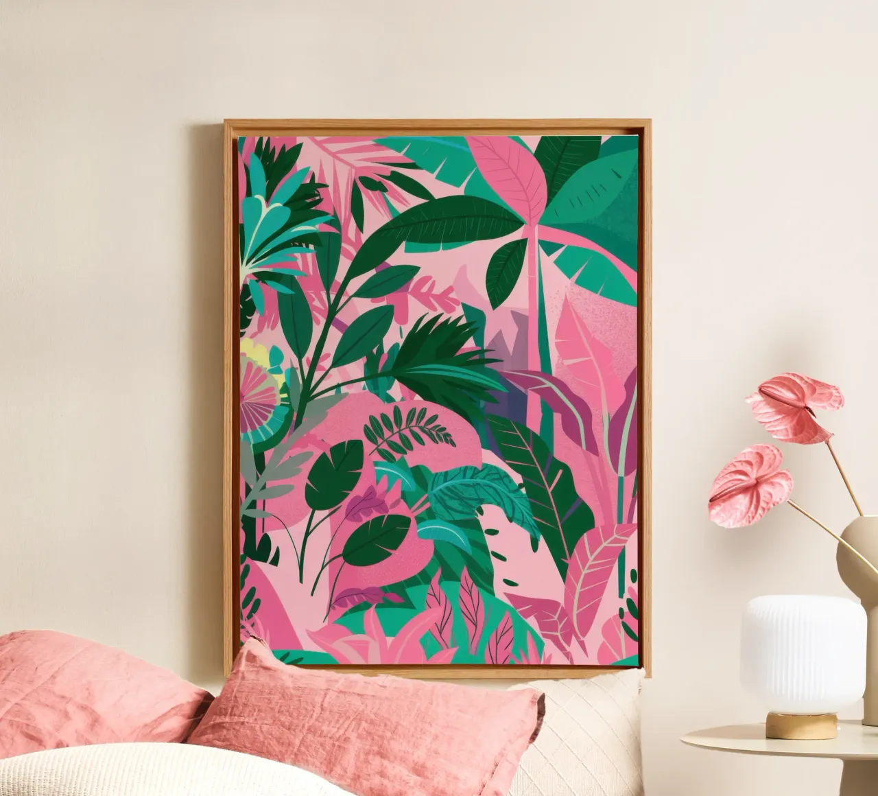 Verdant Pink Jungle canvas met Baklijst van Wish Studio