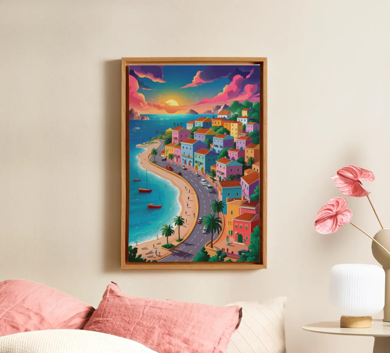 Sunset Harbor Glow canvas with Floater frame by Moon Revolver