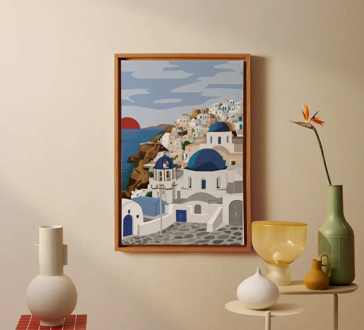 Santorin-Sonnenuntergang-Glühen Leinwand mit Schattenfugenrahmen von Echo Saber