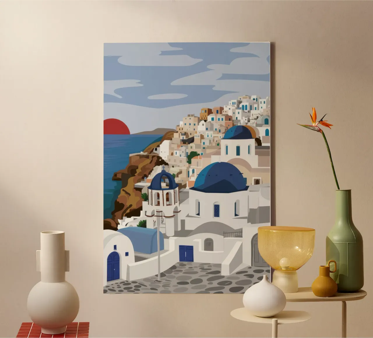 Santorin-Sonnenuntergang-Glühen Leinwand mit Schattenfugenrahmen von Echo Saber