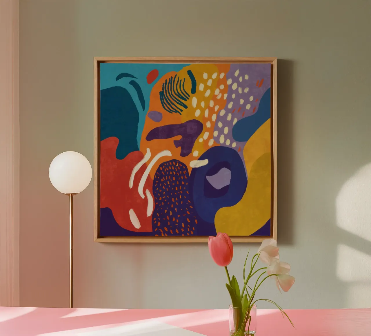 Speels abstract universum canvas met Baklijst van Moon Revolver
