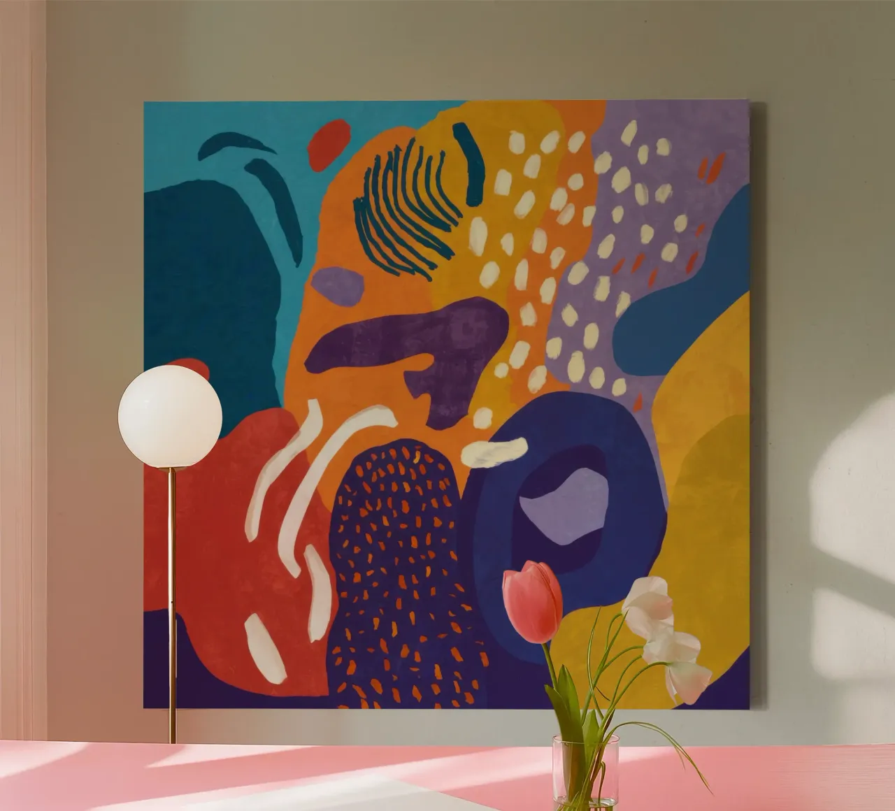 Speels abstract universum canvas met Baklijst van Moon Revolver