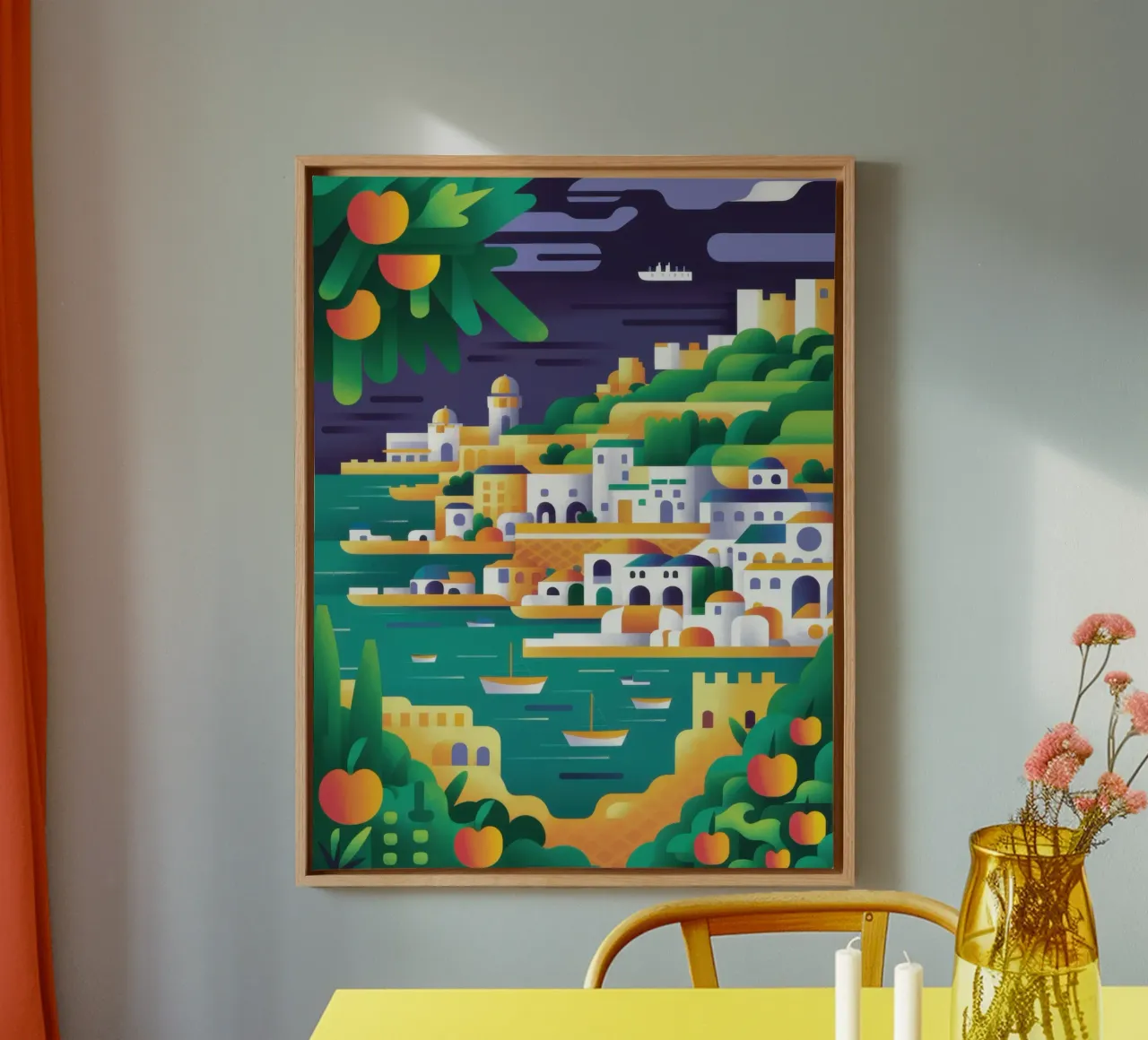 Grafisch kustplaatsje canvas met Baklijst van Wish Studio