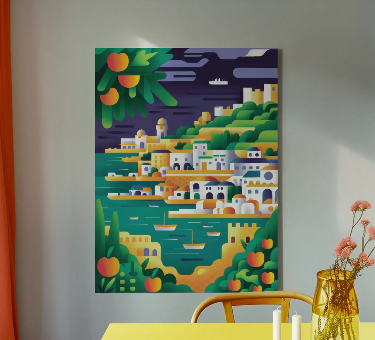 Grafisch kustplaatsje canvas met Baklijst van Wish Studio