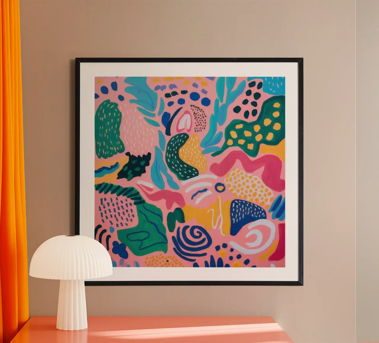 Carnevale astratto e gioioso poster con telaio in legno da Orchid Patina