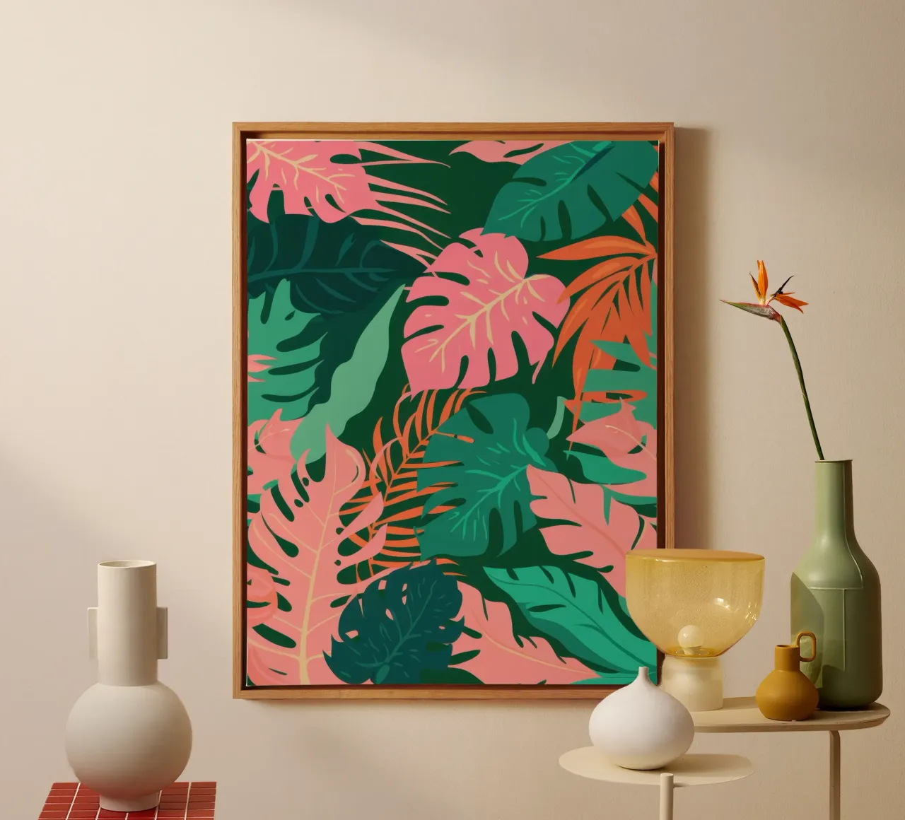Monstera rosa paradisiaca tela con Cornice a cassetta da Wish Studio