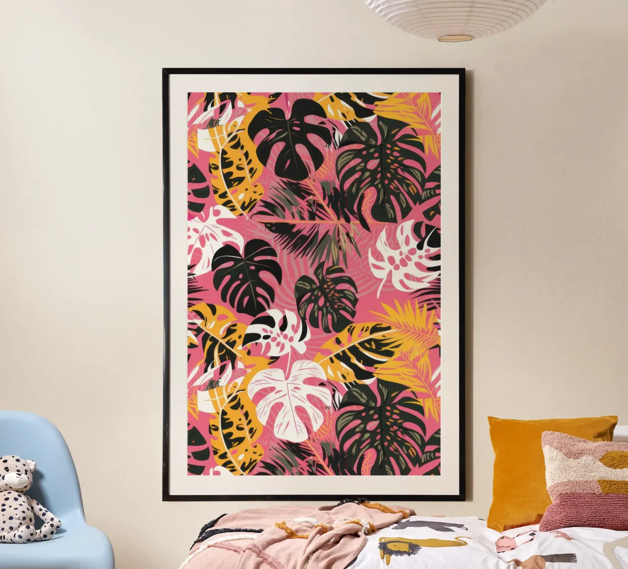 Purè di Monstera rosa poster con telaio in legno da Heaven Craft