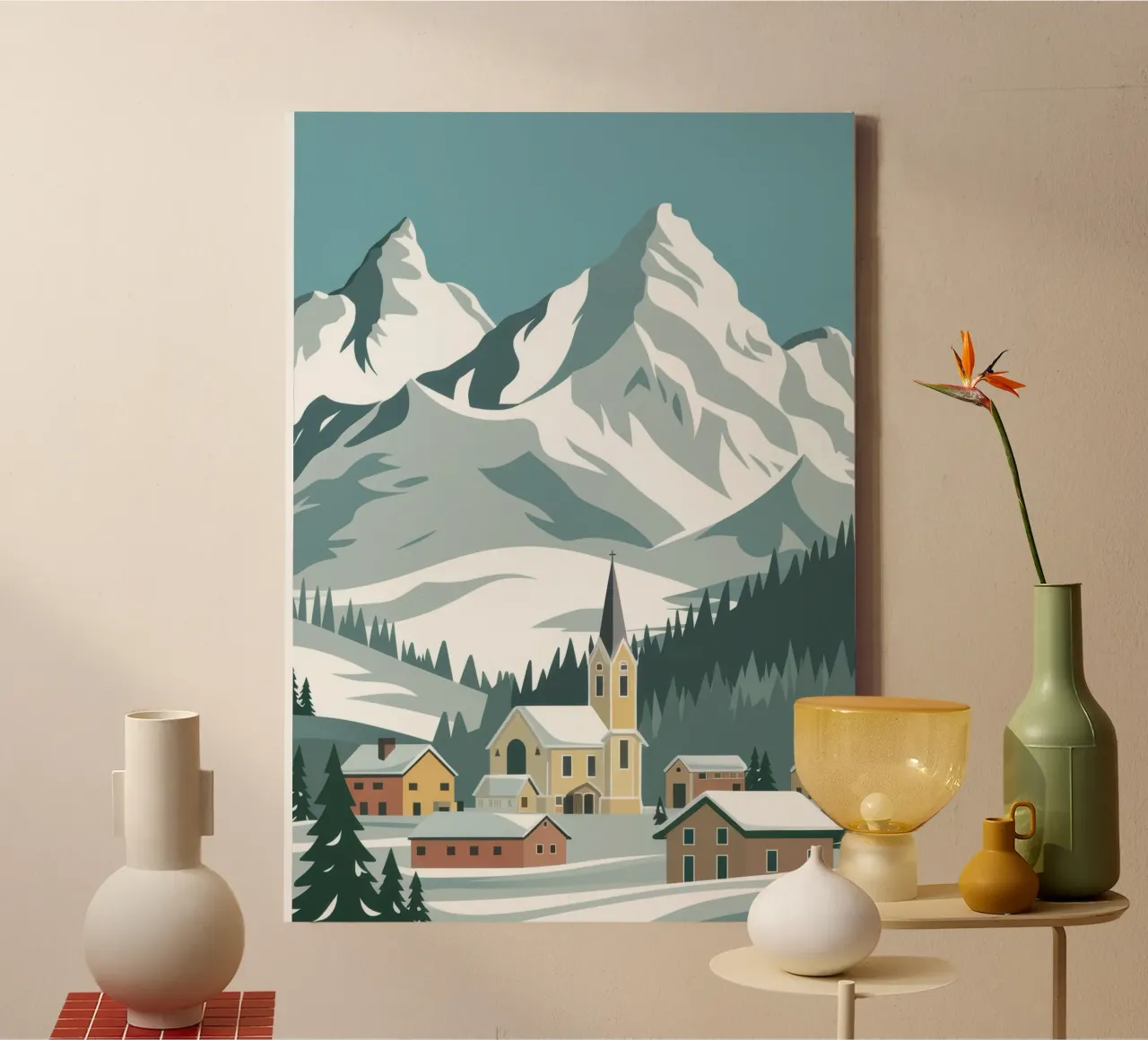 Villaggio Snowy Mountain tela con Cornice a cassetta da Wish Studio