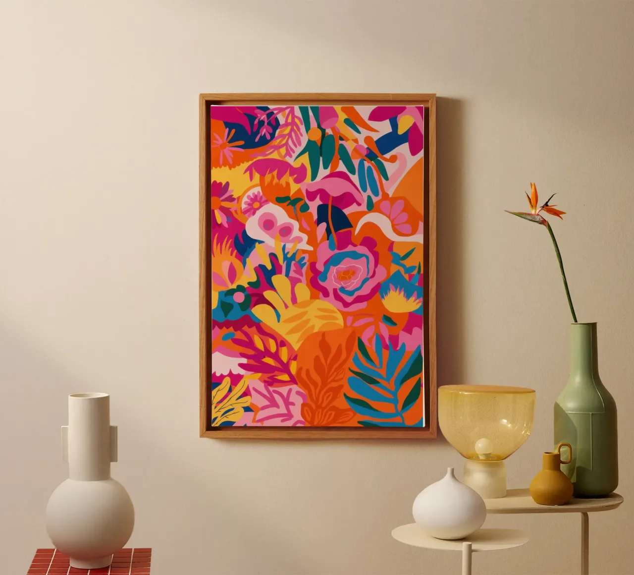 Flamingo Abstrakte Flora Leinwand mit Schattenfugenrahmen von Wish Studio