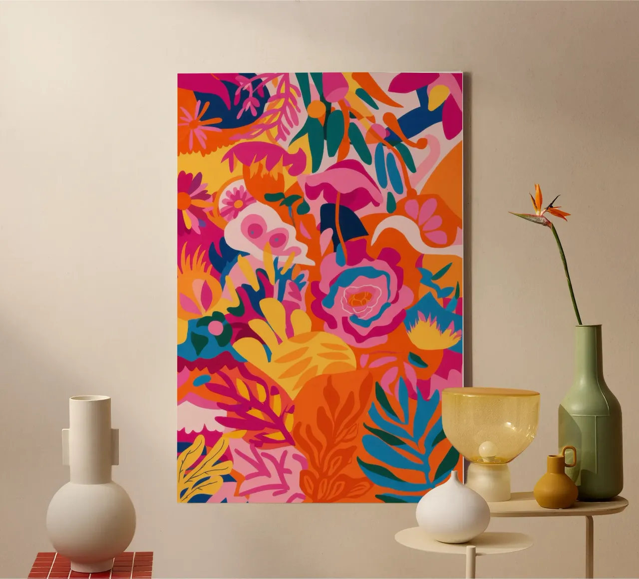 Flamingo Abstrakte Flora Leinwand mit Schattenfugenrahmen von Wish Studio