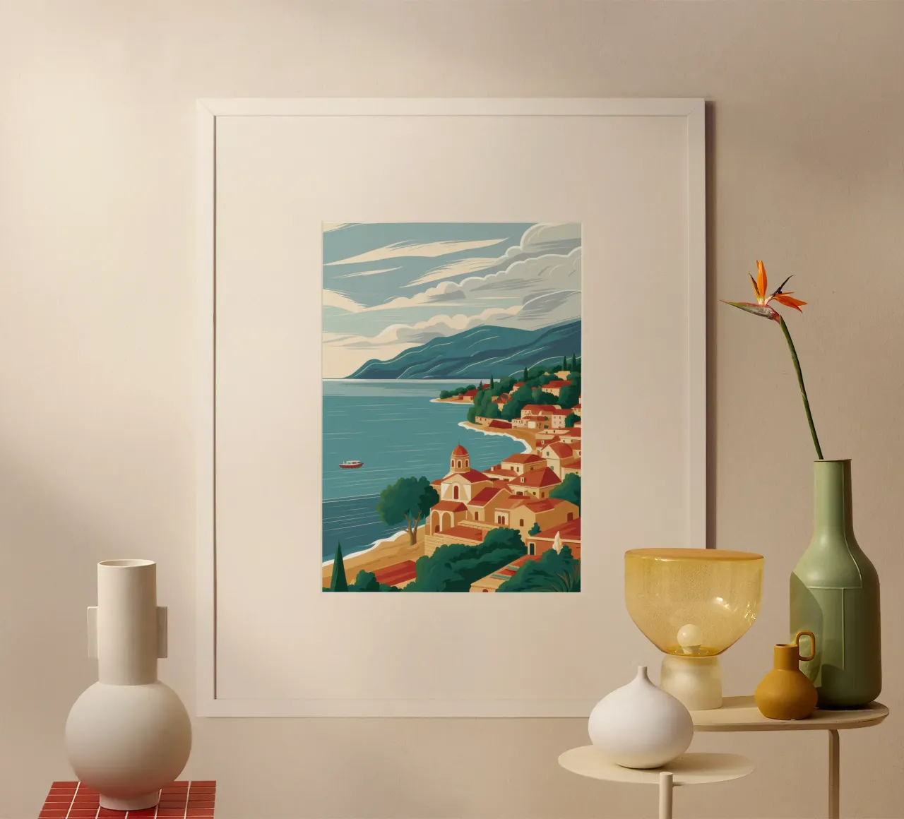 Cliffside Village Serenity poster con telaio in alluminio da Moon Revolver