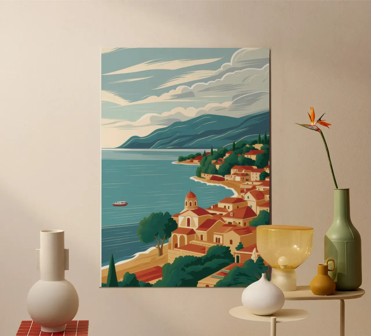 Cliffside Village Serenity poster con telaio in alluminio da Moon Revolver