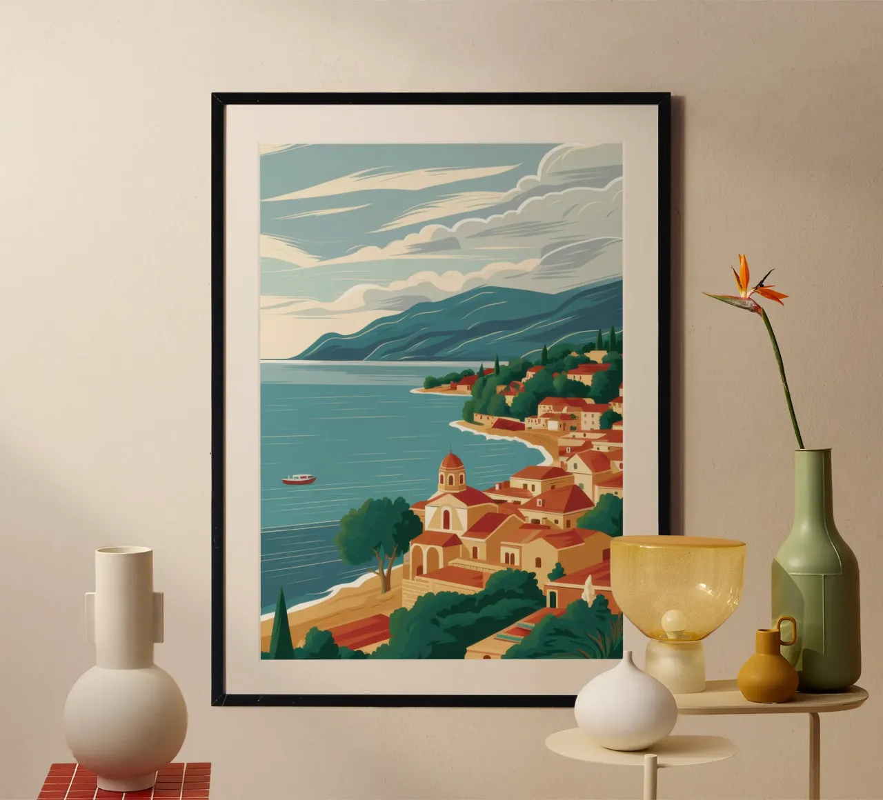 Cliffside Village Serenity poster con telaio in alluminio da Moon Revolver