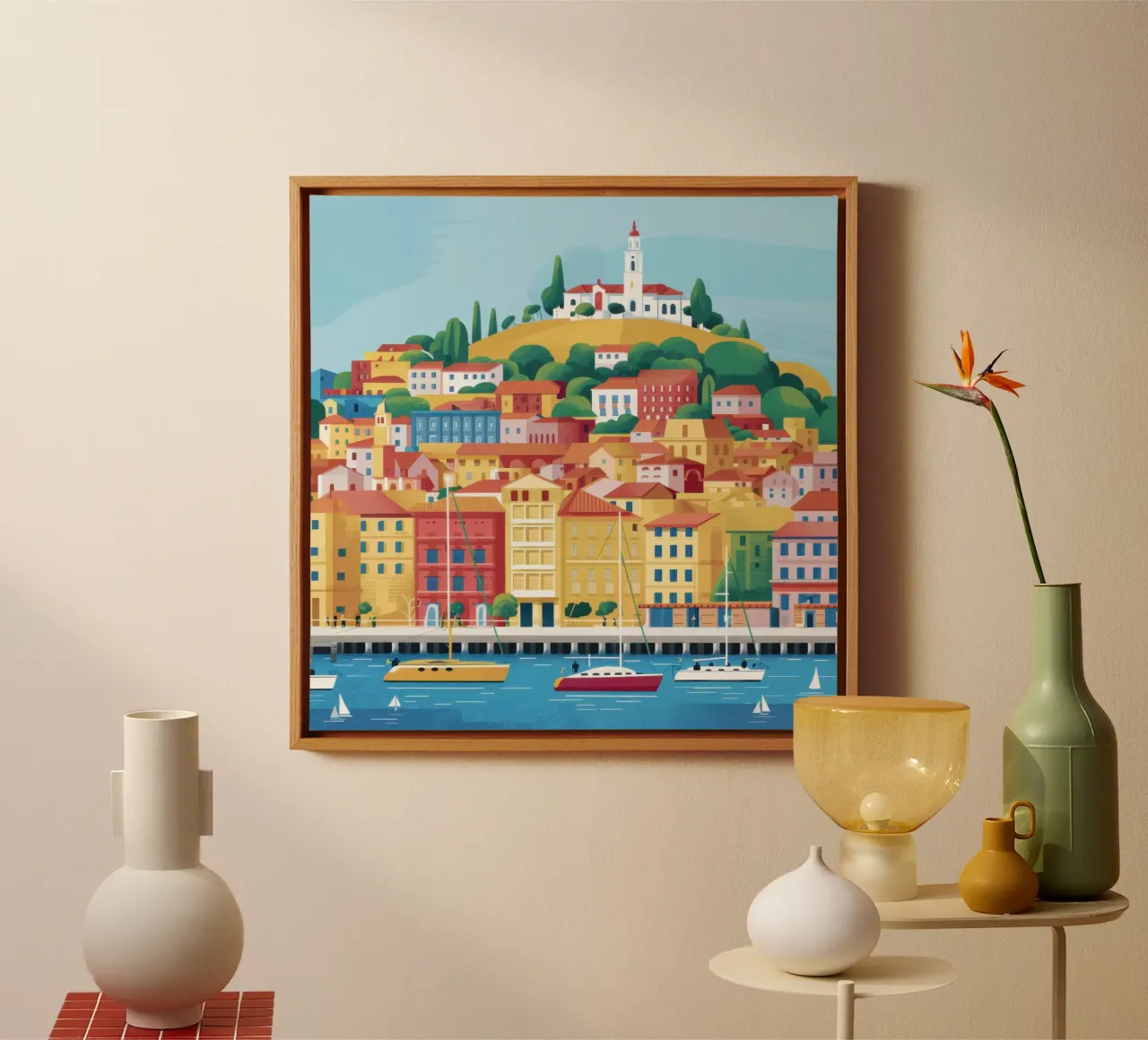 Levendig havenpanorama canvas met Baklijst van Echo Saber