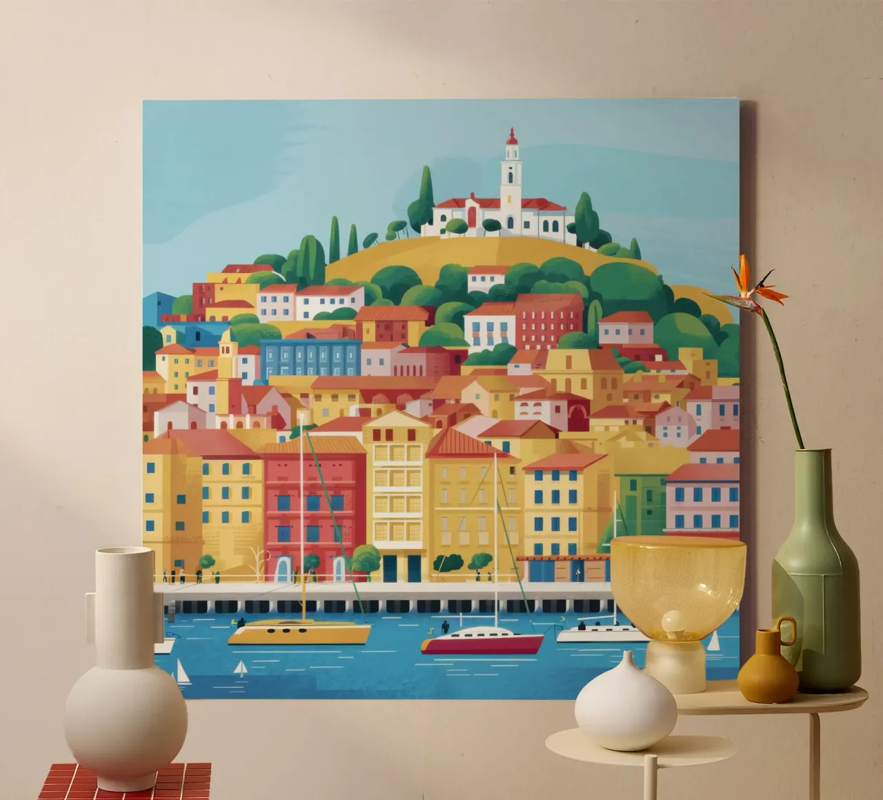 Levendig havenpanorama canvas met Baklijst van Echo Saber