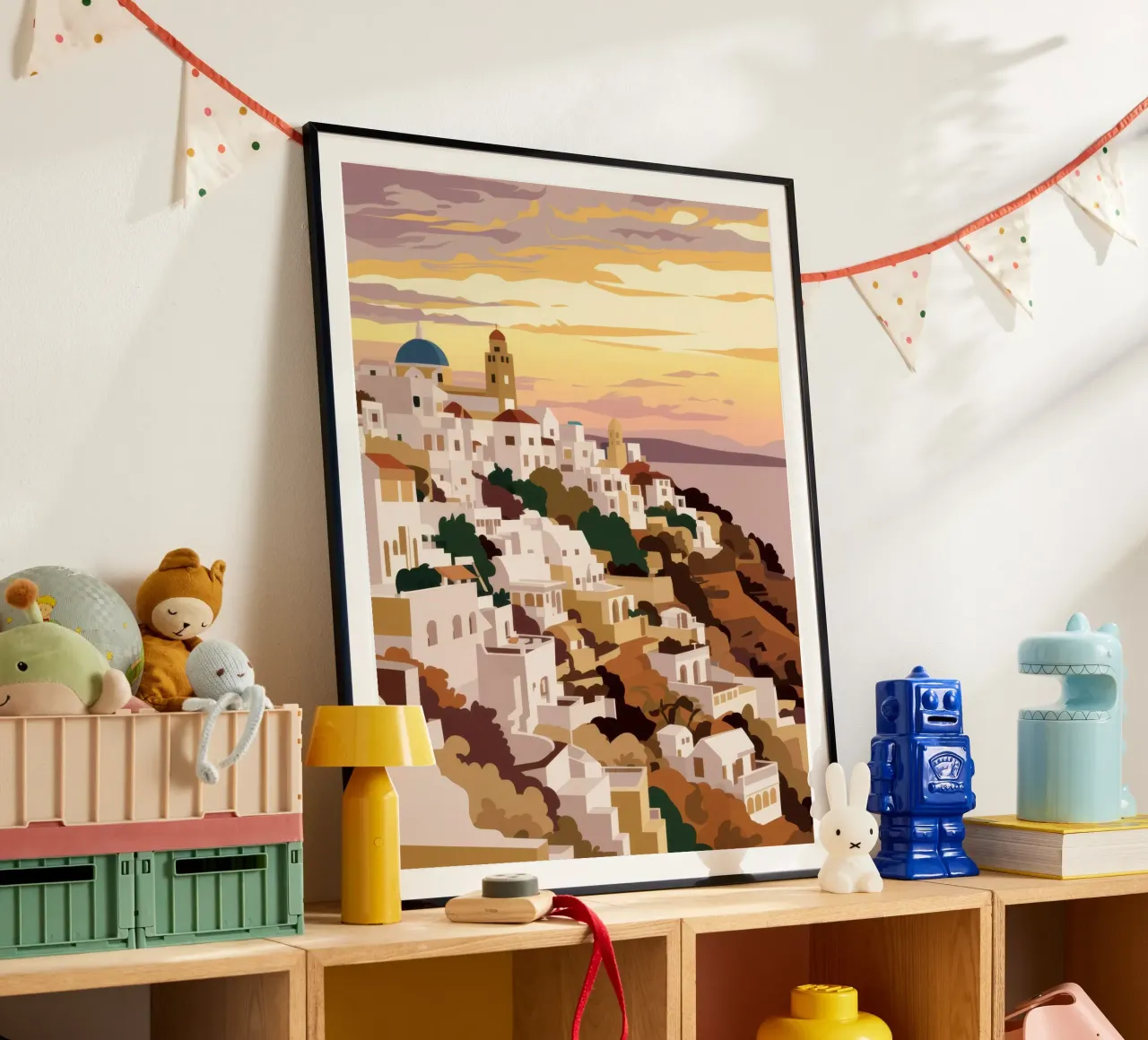 Ora d'oro a Oia poster con telaio in plastica da Heaven Craft