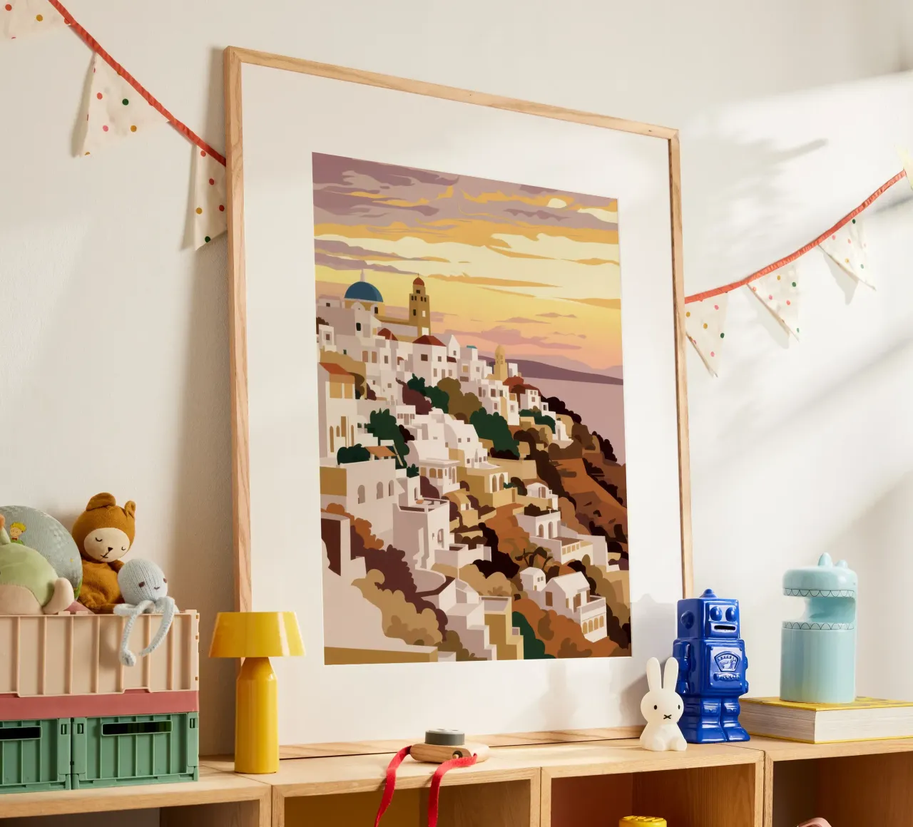 Ora d'oro a Oia poster con telaio in plastica da Heaven Craft