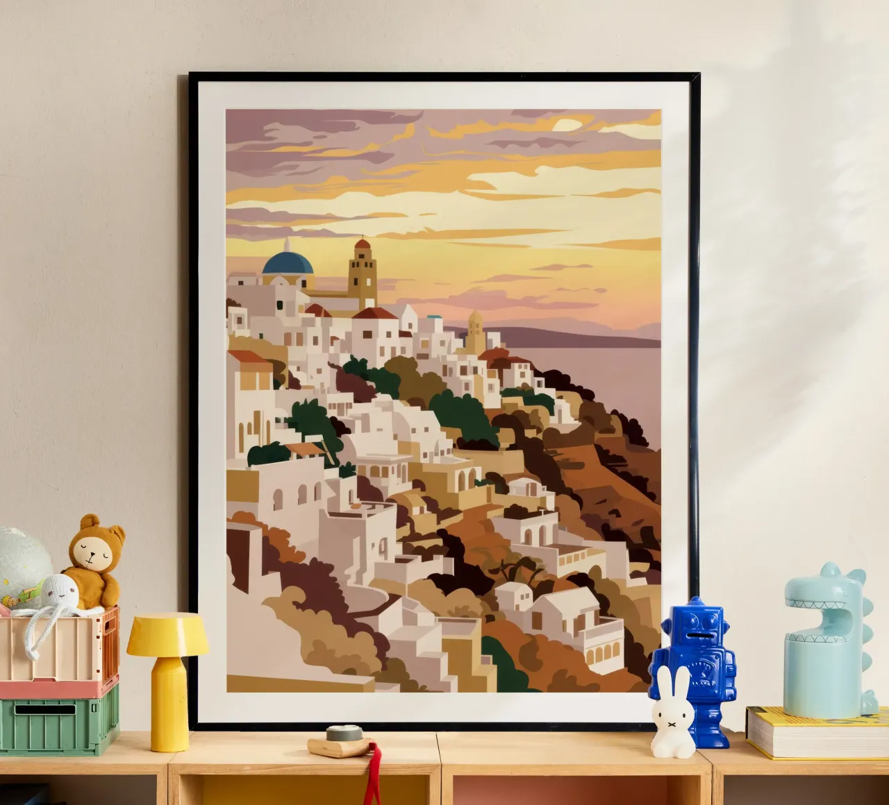 Ora d'oro a Oia poster con telaio in plastica da Heaven Craft