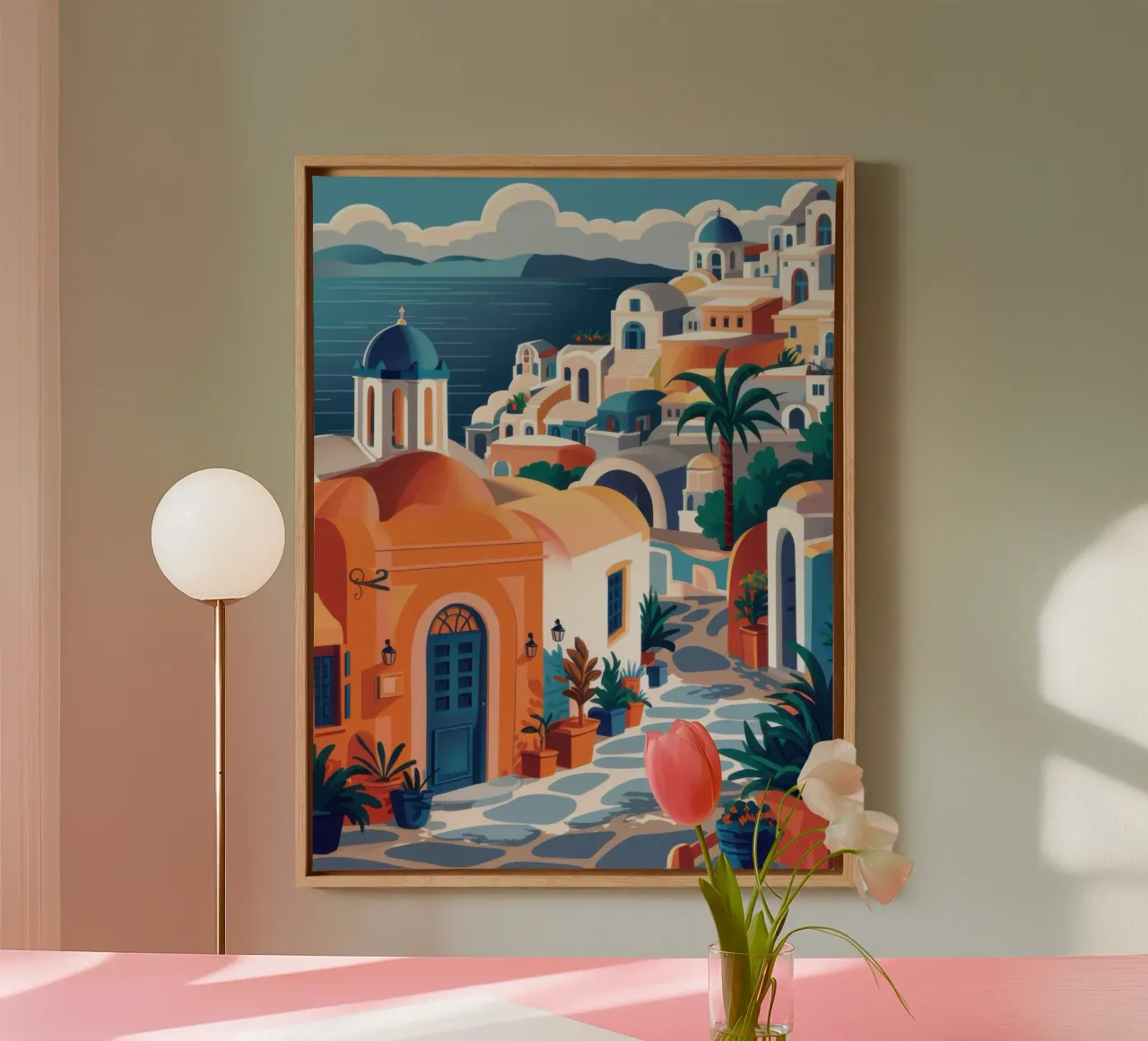 Santorini Oranje Gloed canvas met Baklijst van Wish Studio