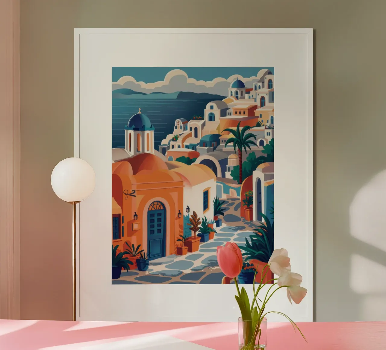 Santorini Orange Glow poster con telaio in plastica da Wish Studio