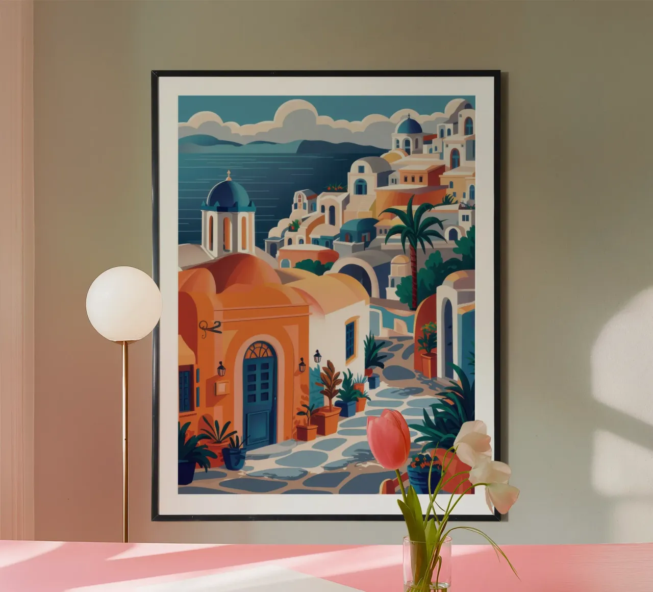 Santorini Orange Glow poster con telaio in plastica da Wish Studio