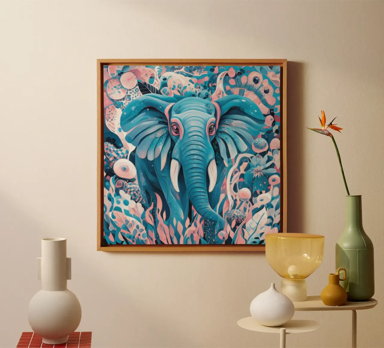 Cerulean Elephant Bloom canvas with Floater frame by Wish Studio