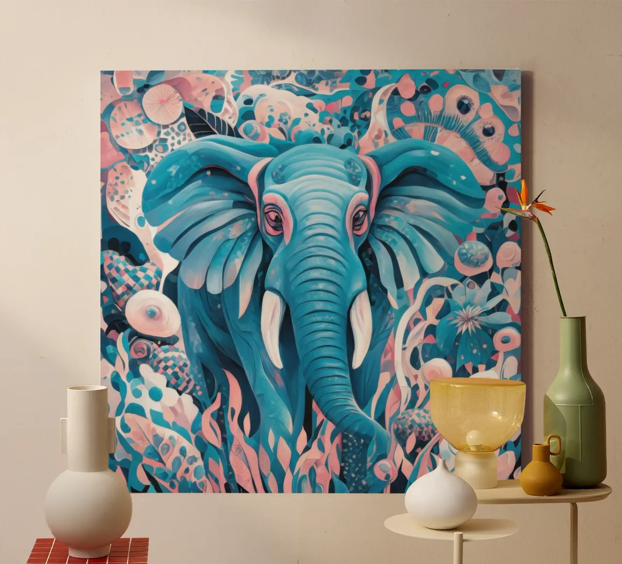 Cerulean Elephant Bloom canvas with Floater frame by Wish Studio