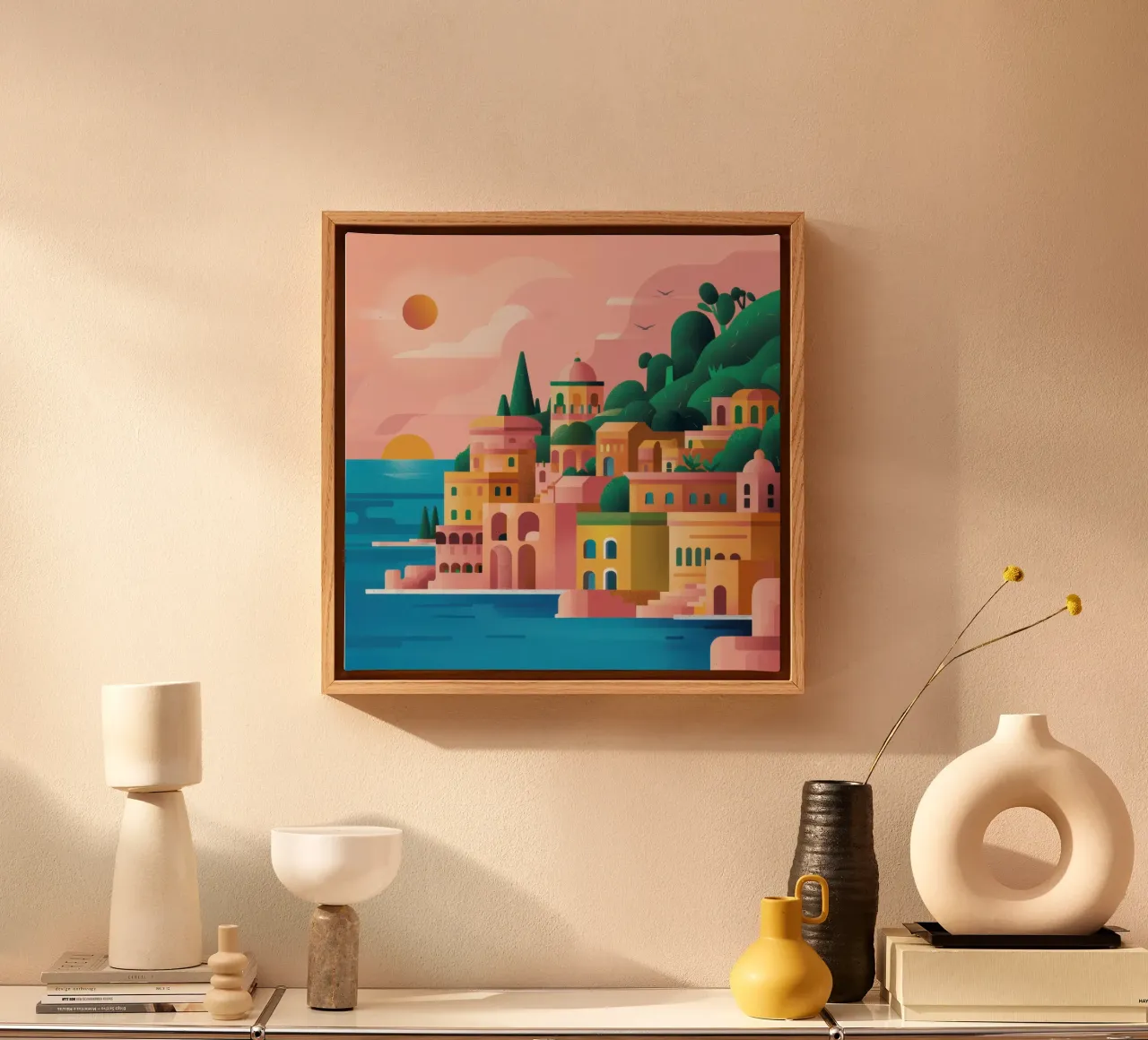 Kustplaats Zonsondergang canvas met Baklijst van Wish Studio